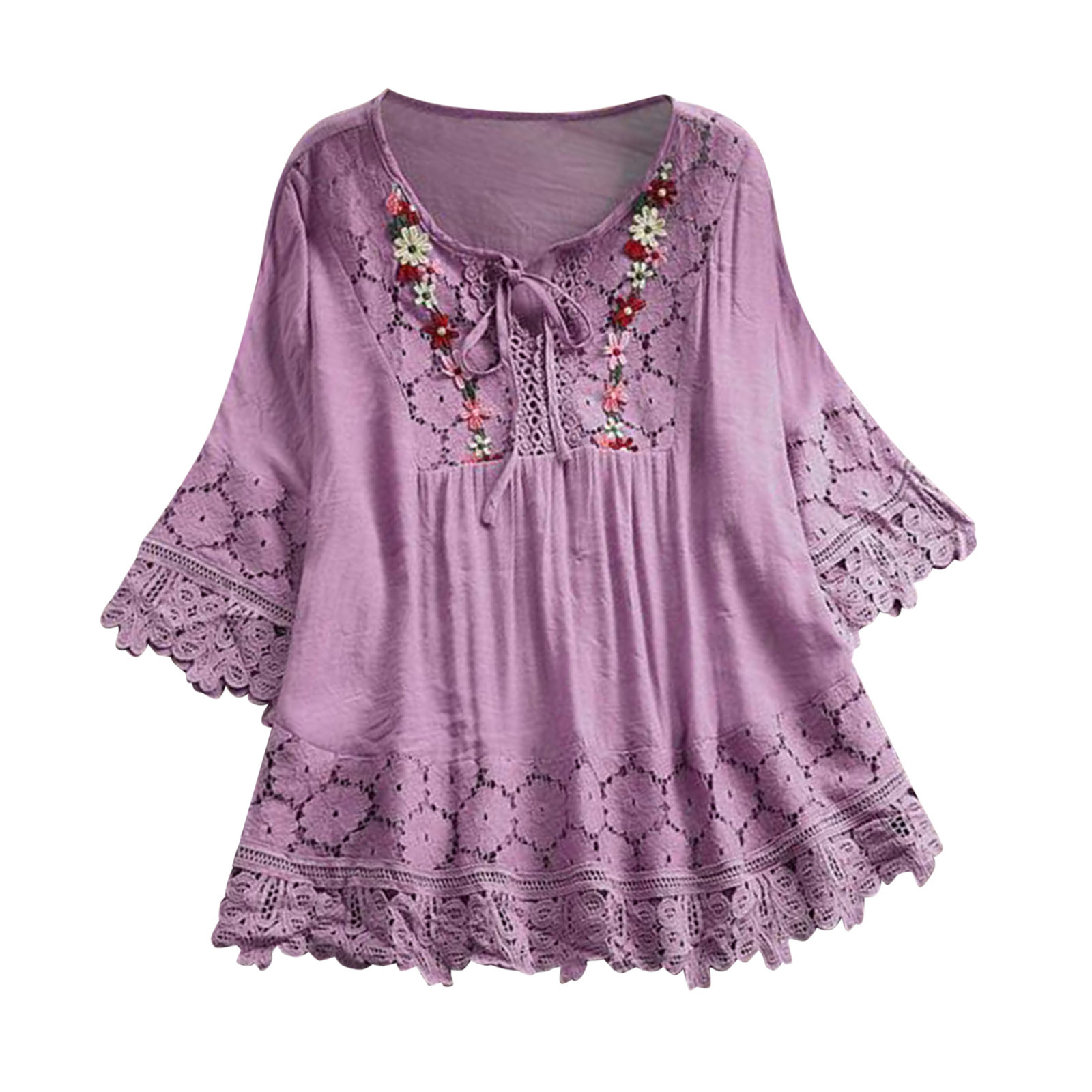 thumbnail image 3 of Blusa vintage de encaje con cuello en V y mangas 3/4 para mujer - Poliéster, corte holgado, 3 of 8